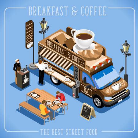 Espresso Breakfast Coffee Food Truck Delivery Master. Street Food Chef Web Template. 3D Flat Isometric Vehicles Food Truck Infographic Elements Isolated Vector Image.のイラスト素材