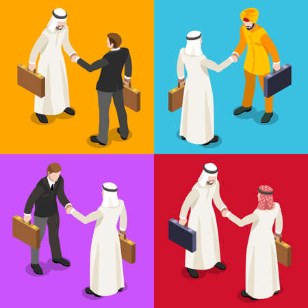 International Business Hand Shaking Infographic. Businessman Meeting Negotiation and Agreement Arab Middle East Ethnicity.Flat 3D Isometric People Set. Isolated Elements Vector Image.のイラスト素材