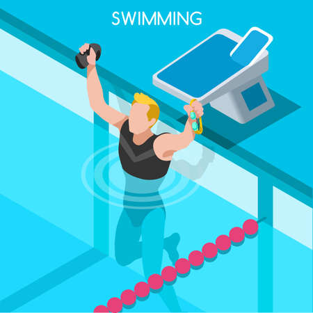Swimming Freestyle 2016 Summer Games Icon Set.3D Isometric Swimmer.Breaststroke Backstroke Butterfly Relay Sporting Competition Race.Sport Infographic Swimming Vector Illustrationのイラスト素材