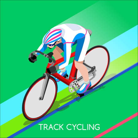 Track Cyclist Bicyclist Athlete 2016 Summer Games Icon Set.Track Cycling Speed Concept.3D Isometric Athlete.Sporting Bicycle Competition.Sport Infographic Cycling Track Race Vector Illustration.のイラスト素材