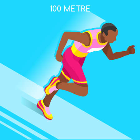 Running 100 Metres Dash of Athletics 2016 Summer Games Icon Set.Speed Concept.3D Isometric Athlete.Sport of Athletics.Sporting Competition Race Runner.Sport Infographic Track Field Vector Illustrationのイラスト素材