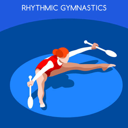 Rhythmic Gymnastics Clubs 2016 Summer Games Icon Set.3D Isometric Gymnast.Sporting Championship International Competition.Sport Infographic Rhythmic Gymnastics Vector Illustration.のイラスト素材