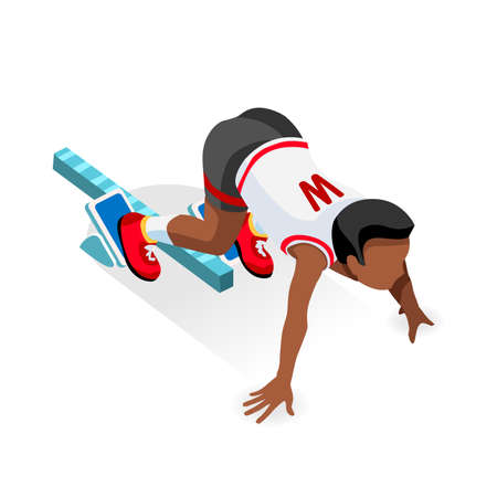 Sprinter Runner Athlete at Starting Line Athletics Race Start  Summer Games Icon Set.3D Flat Isometric Sport of Athletics Runner Athlete at Starting Blocks.Sport Infographic Vector Image.のイラスト素材