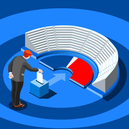 Election infographic.Debate party convention hall.Conference business meeting lecture.Congress theatre auditorium audience.Politic delegate competitors affiliates crowd rally.Vector isometric peopleのイラスト素材