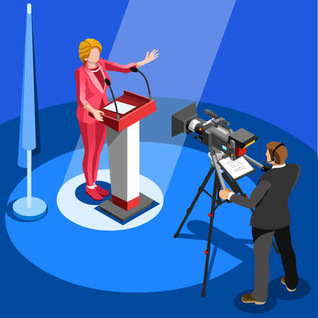 Election infographic.Debate party convention hall.Conference business meeting lecture.Congress theatre auditorium audience.Politic delegate competitors affiliates crowd rally.Vector isometric peopleのイラスト素材