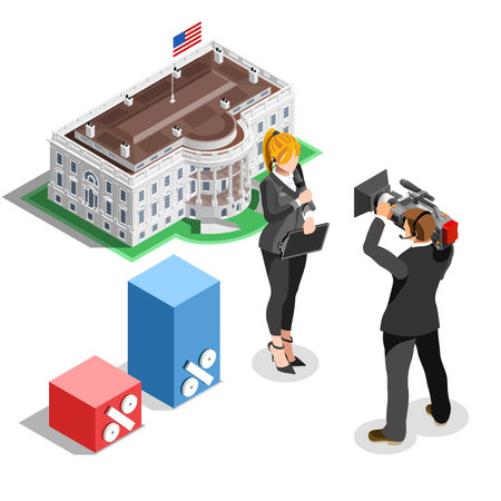 Election infographic.Debate party convention hall.Conference business meeting lecture.Congress theatre auditorium audience.Politic delegate competitors affiliates crowd rally.Vector isometric peopleのイラスト素材