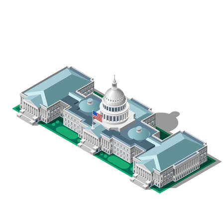Election infographic.Us Washington DC capitol dome presidential conference meeting.Party convention hall.3D flat isometric senate congress politic tribune theatre auditorium.Vector isometric buildingのイラスト素材