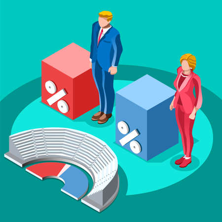 Election infographic.Debate party convention hall.Conference business meeting lecture.Congress theatre auditorium audience.Politic delegate competitors affiliates crowd rally.Vector isometric peopleのイラスト素材