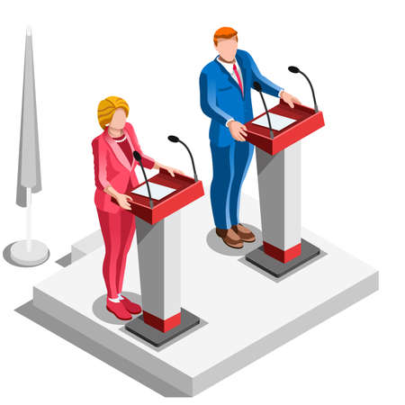 Election infographic.Debate party convention hall.Conference business meeting lecture.Congress theatre auditorium audience.Politic delegate competitors affiliates crowd rally.Vector isometric peopleのイラスト素材