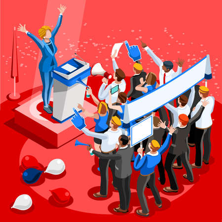 Election infographic.Debate party convention hall.Conference business meeting lecture.Congress theatre auditorium audience.Politic delegate competitors affiliates crowd rally.Vector isometric peopleのイラスト素材