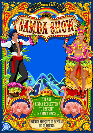 Rio Carnaval festival poster illustration. Brazil night Show Carnival Party Parade masquerade...
