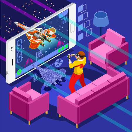 Video game screen and gamer person playing online with console controller android phone or computer. 3D Isometric People icon set. Creative design vector illustration collectionのイラスト素材
