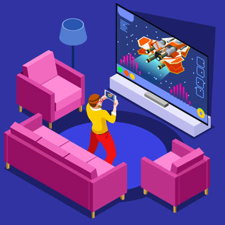 Video game screen and gamer person gaming online with console controller android phone or computer. 3D Isometric People icon set. Creative design vector illustration collectionのイラスト素材