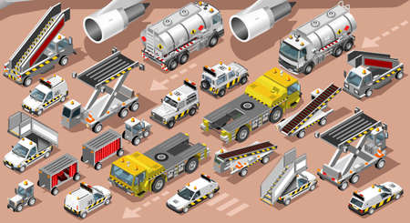 Isometric airport terminal airfield vehicle freight car van truck. 3D icon set isometric isolated white service car and luggage transfer vector illustrationのイラスト素材