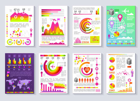 Graphical business company report vector set of templates. Flat 3D modern style charts and graphs detailed illustrationのイラスト素材