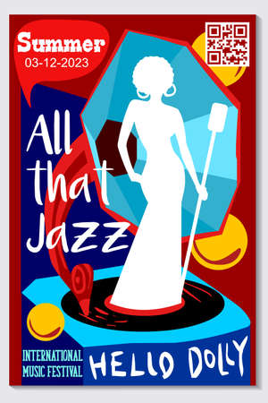 Music poster for jazz band live festival with singer and music instruments. Colorful flat modern concert cover template for vinile with music song concept isolated vector illustration designのイラスト素材