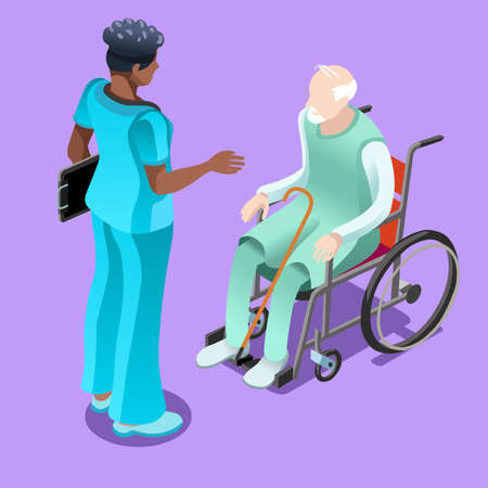 Medical team group of black female nurse or doctor talking to elderly patient sitting in wheelchair.のイラスト素材