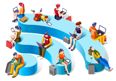 Connecting people and social media graphic vector template with flat isometric elements people and smartphone devices illustrationのイラスト素材