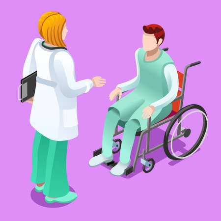 Medical team group of female doctor talking to male patient sitting in wheelchair. Hospitalization concept with isometric people vector hospital team illustration in flat designのイラスト素材