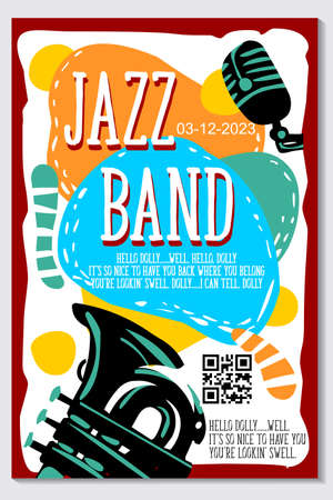 Music poster for jazz band live festival with trumpet music instrument. Colorful flat modern concert cover template for vinile with bugle and music notes isolated vector illustration designのイラスト素材