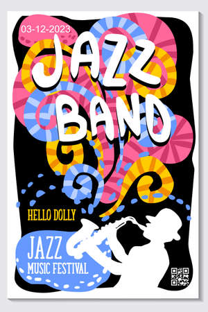 Music poster for jazz band live festival with sax music instrument. Colorful flat modern concert cover template for vinile with saxophone and music notes isolated vector illustration designのイラスト素材