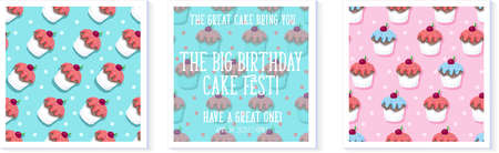Cupcake pattern for birthday card background in bright pink and funny colors vector imagesのイラスト素材