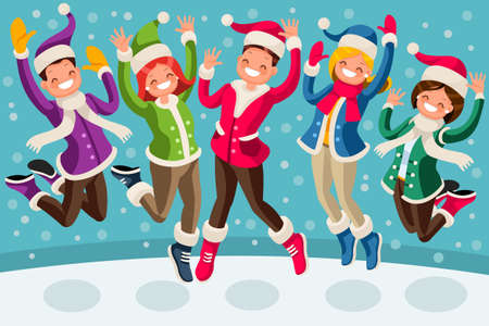 Isometric people cartoon family jumping and smiling for happy winter illustration.のイラスト素材
