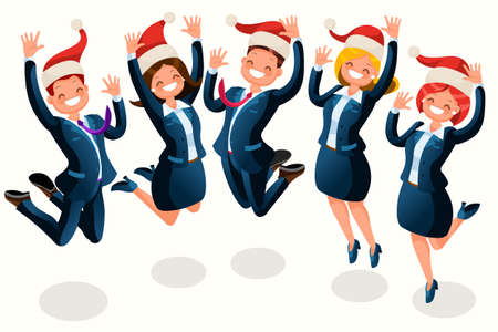 Office Christmas party isometric people cartoon business people with Santa hat illustration.のイラスト素材
