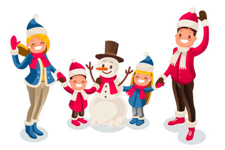Christmas winter holidays isometric people cartoon family and happy snowman illustration.のイラスト素材