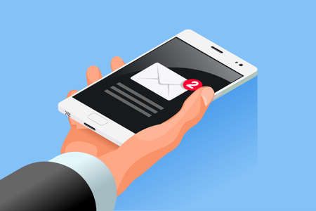 Hand hold mobile cell phone isometric icon vector 3D flat design.のイラスト素材