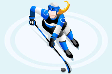 Ice hockey player athlete winter sports woman vector 3D isometric icon.のイラスト素材