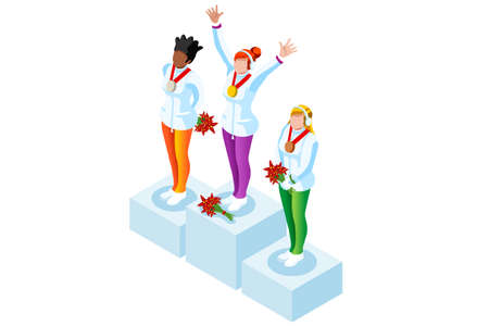 Winner podium with winter sport woman athlete. Vector 3D isometric icon.のイラスト素材