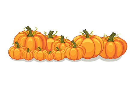 Halloween vector orange pumpkins graphic. Horizontal banner design template for e-commerce market, web site banners or thanksgiving day pattern. Vector pile of orange pumpkins frame border patch.のイラスト素材