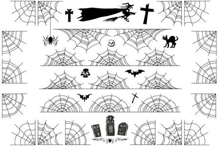 Halloween spiderweb borders and corners. Vector cobweb frame and dividers isolated on white with spider web for scary design.のイラスト素材