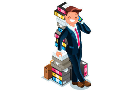 Accountant stands next to a overloaded paper pile of folders and talking by phone. Businessman flat vector illustrationのイラスト素材