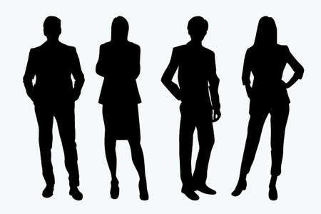 Business people vector silhouettes couple of man and woman standing. Businessman and businesswoman in black color isolated on white background.のイラスト素材