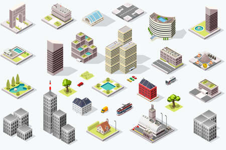 Set of isometric city buildings. Town district landscape with urban infrastructure streets and houses. 3D vector illustration.のイラスト素材