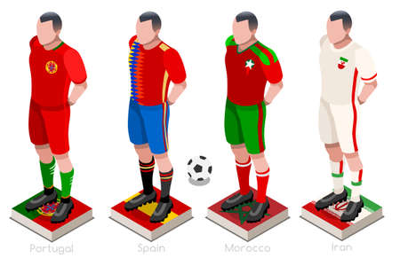 a group of football players with team shirts flags and ball. Isometric football vector illustration.のイラスト素材