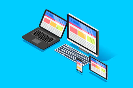 Adjustable web page view on different device display. Isometric design vector illustration.のイラスト素材