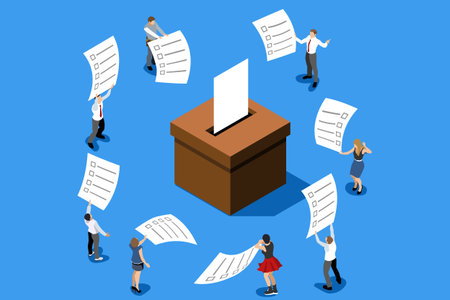 Voting concept representing vote choice. People putting big paper into vote box. Isometric design vector illustration.のイラスト素材