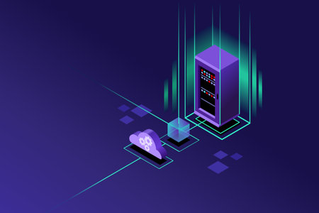 Cloud hosting upload to storage server. Violet crystal background isometric art vector design.