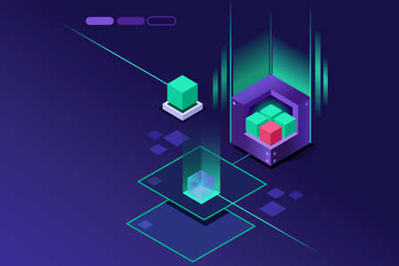 Storage powered hardware concept. Crystal violet concept or idea. Isometric art vector design.のイラスト素材
