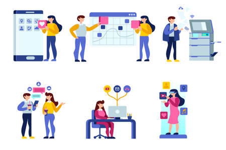 People debate on calendar building a female schedule application user interface. Simple flat vector deign.のイラスト素材