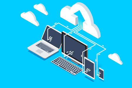 Pc software for upload user data to cloud remote storage. Isometric decorative composition for web site banner. Vector design.のイラスト素材