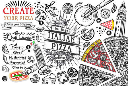 Italian food ingredients in top view this is a pizza restaurant frame. Lined template or doodle illustration vector design.のイラスト素材