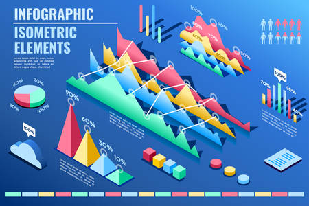 Promotional statistic presentation with rise percentage and triangular symbols vector design with decorative isometric illustration.のイラスト素材