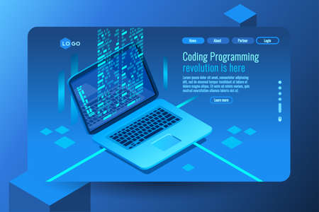 Coding concept with program processing data on PC monitor. Isometric images vector design of data coding concept blue decorative illustration.のイラスト素材