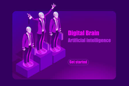 Artificial intelligence ai isometric concept. Can use for web banner, infographics, hero images. Flat isometric vector illustration isolated on blue violet neon background.のイラスト素材