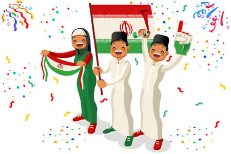 2018 Iran football supporters. Cheerful soccer supporters crowd with Iranian flag. Flat isometric people celebrating Iran national day vector illustration for web banner.のイラスト素材
