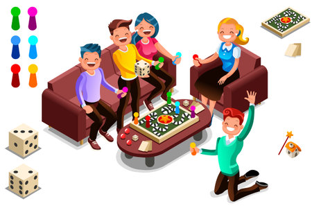 Adults leisure, board games isometric people activity. Cartoon illustration for web banner, infographics, hero images. Flat isometric characters, vector illustration isolated on white background.のイラスト素材